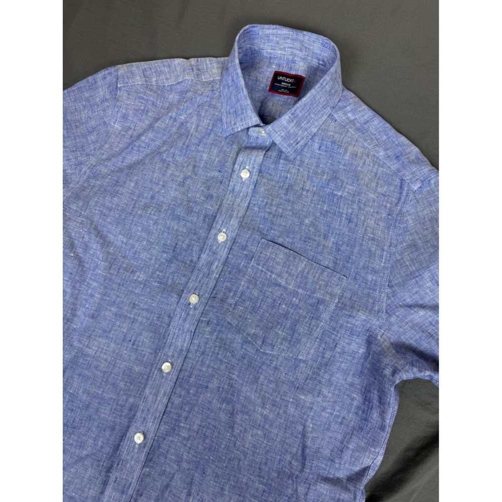 UNTUCKit Cameron Blue 100% Linen S/S Shirt Mens Medium Regular Fit 40878